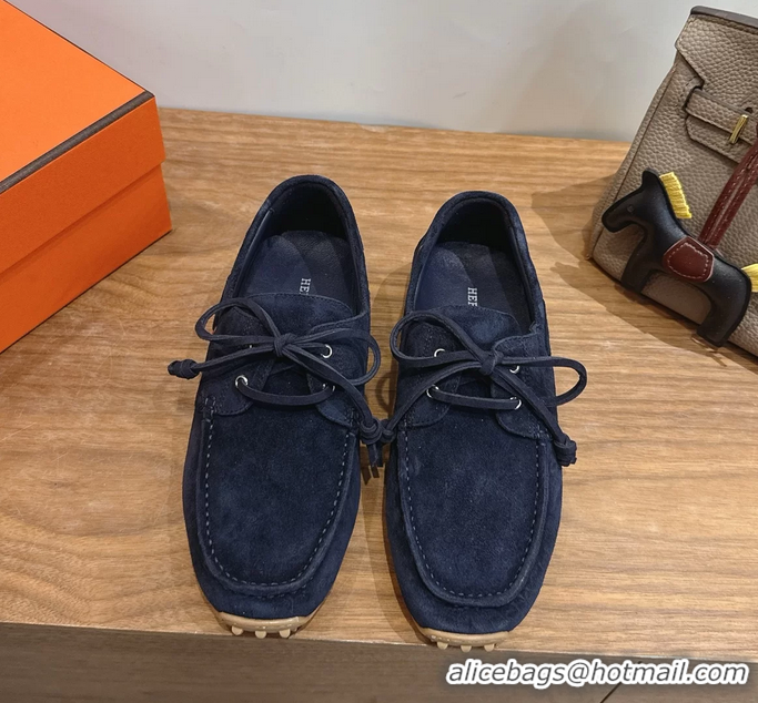 Masculine Hermes Member Loafers Navy Blue Suede Calfskin Leather 6060201