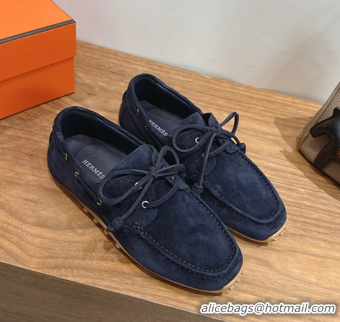 Masculine Hermes Member Loafers Navy Blue Suede Calfskin Leather 6060201