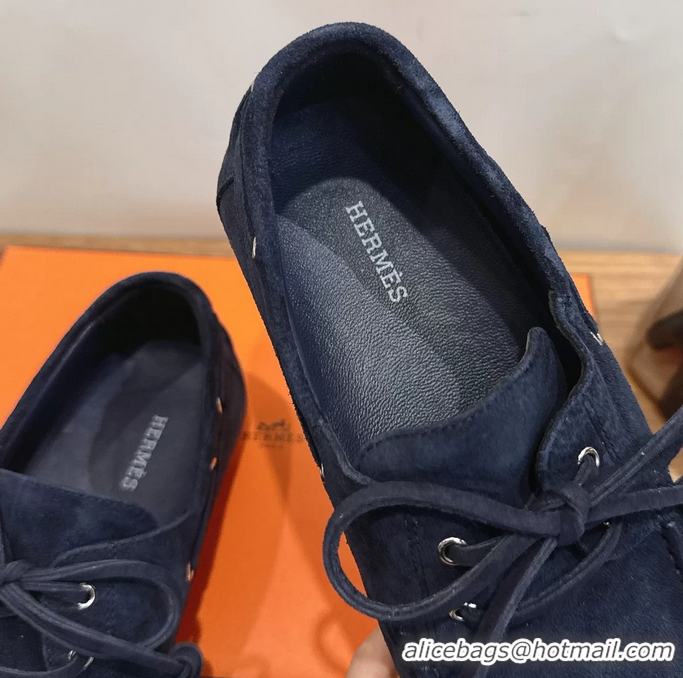Masculine Hermes Member Loafers Navy Blue Suede Calfskin Leather 6060201