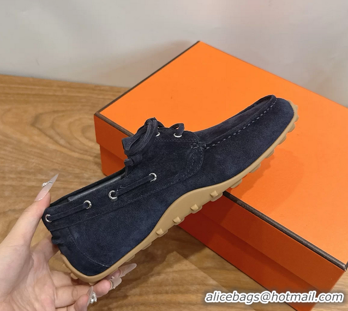 Masculine Hermes Member Loafers Navy Blue Suede Calfskin Leather 6060201