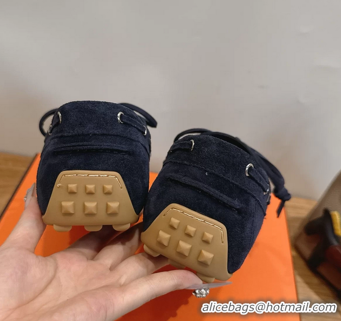Masculine Hermes Member Loafers Navy Blue Suede Calfskin Leather 6060201