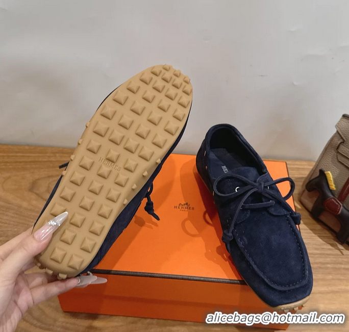 Masculine Hermes Member Loafers Navy Blue Suede Calfskin Leather 6060201