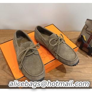 Super Hermes Member Loafers Light Gray Suede Calfskin Leather 6060201