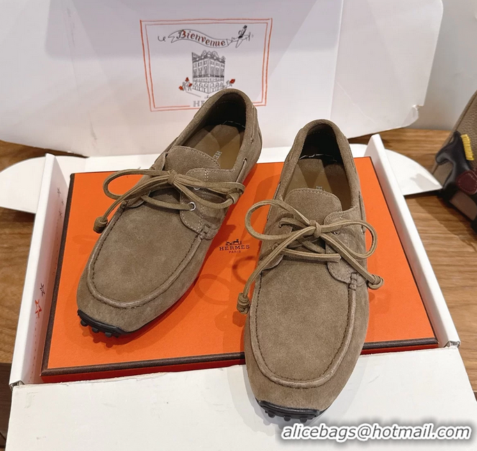 Super Hermes Member Loafers Light Gray Suede Calfskin Leather 6060201