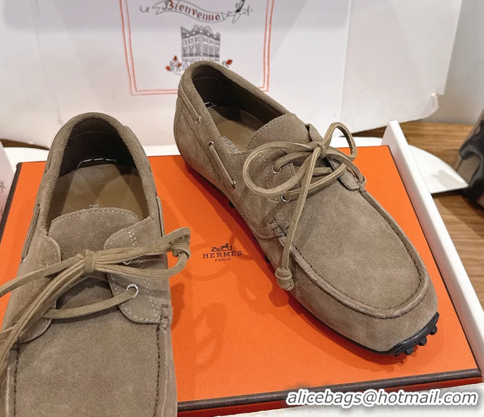Super Hermes Member Loafers Light Gray Suede Calfskin Leather 6060201