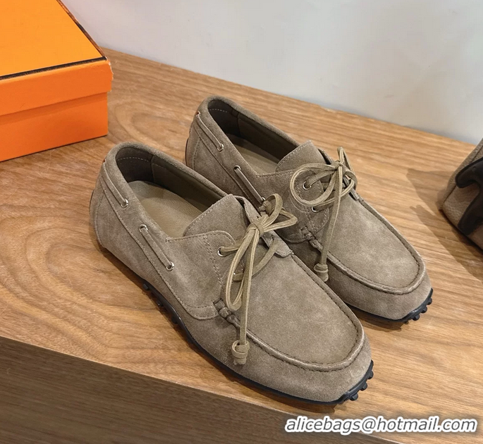 Super Hermes Member Loafers Light Gray Suede Calfskin Leather 6060201