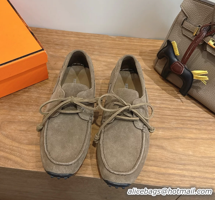 Super Hermes Member Loafers Light Gray Suede Calfskin Leather 6060201
