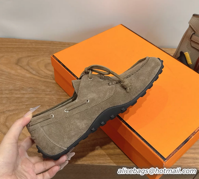 Super Hermes Member Loafers Light Gray Suede Calfskin Leather 6060201