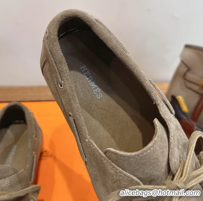 Super Hermes Member Loafers Light Gray Suede Calfskin Leather 6060201