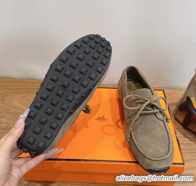 Super Hermes Member Loafers Light Gray Suede Calfskin Leather 6060201