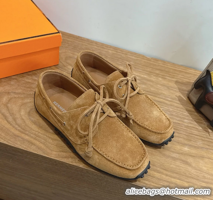 Fashion Hermes Member Loafers Light Brown Suede Calfskin Leather 6060201