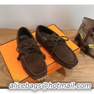 Buy Fashionable Hermes Member Loafers Brown Suede Calfskin Leather 6060201