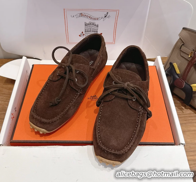 Buy Fashionable Hermes Member Loafers Brown Suede Calfskin Leather 6060201