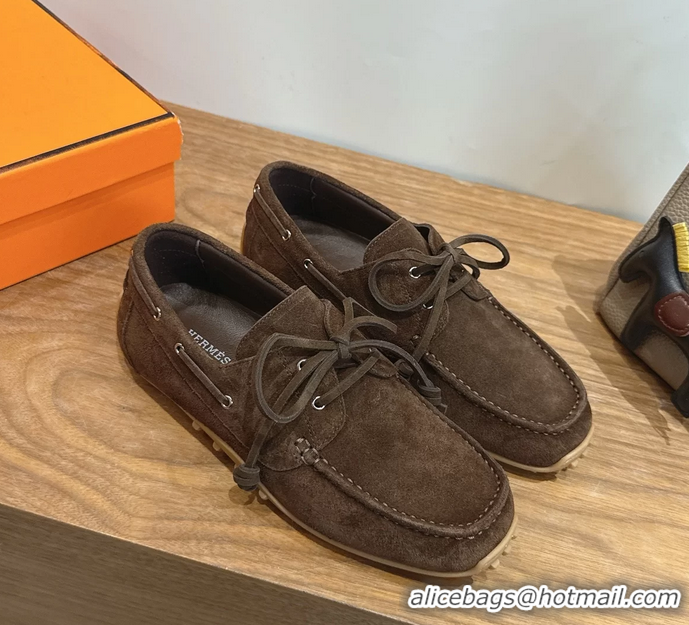 Buy Fashionable Hermes Member Loafers Brown Suede Calfskin Leather 6060201