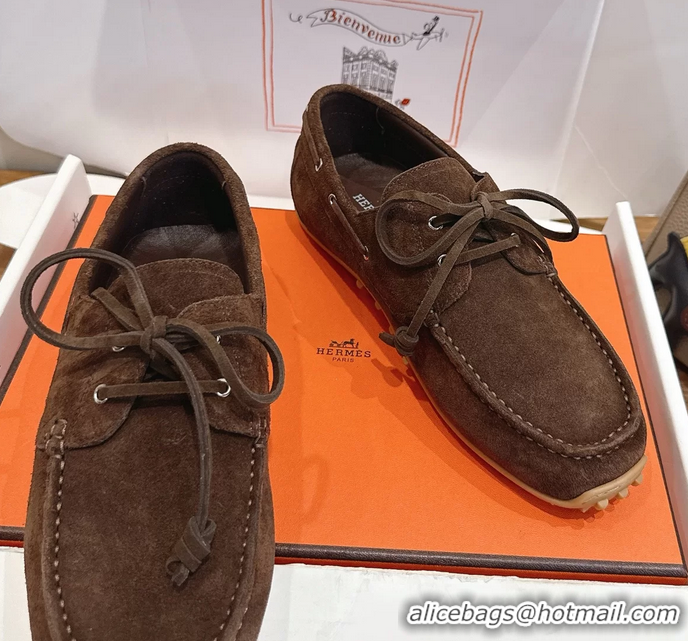 Buy Fashionable Hermes Member Loafers Brown Suede Calfskin Leather 6060201
