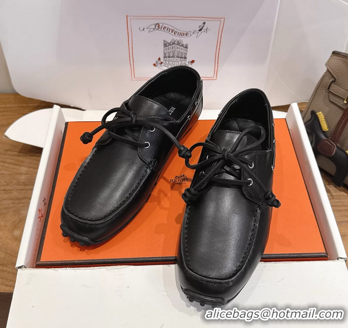 Shoulder Carry Hermes Member Loafers Black Smooth Calfskin Leather 6060201
