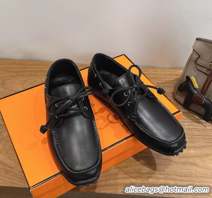 Shoulder Carry Hermes Member Loafers Black Smooth Calfskin Leather 6060201