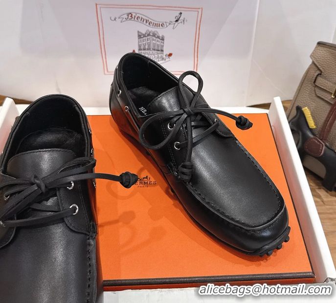Shoulder Carry Hermes Member Loafers Black Smooth Calfskin Leather 6060201