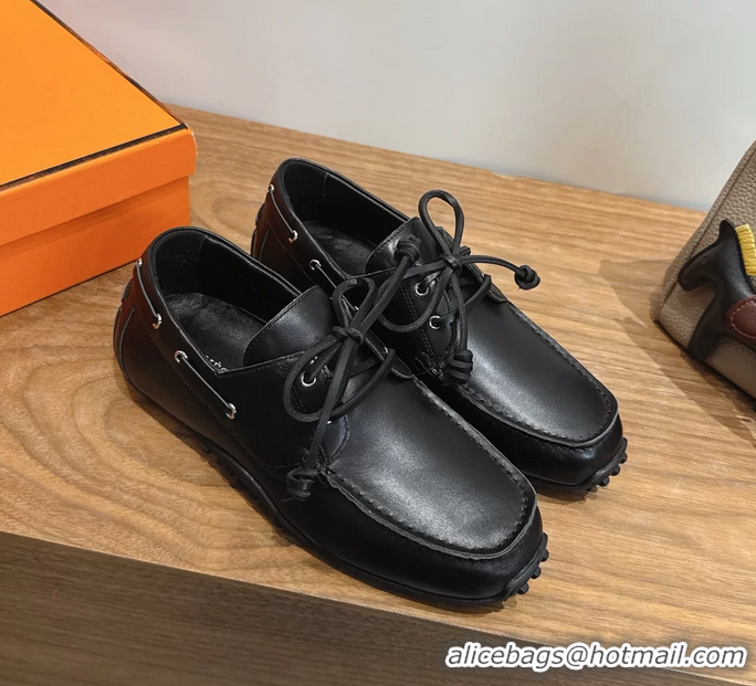 Shoulder Carry Hermes Member Loafers Black Smooth Calfskin Leather 6060201
