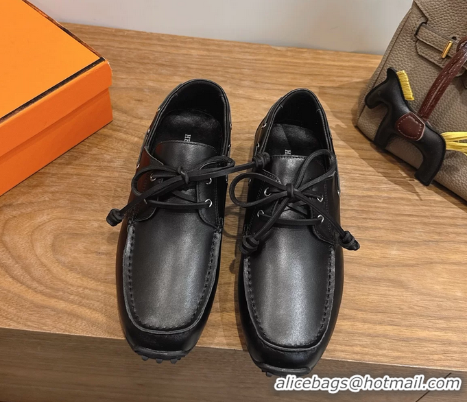 Shoulder Carry Hermes Member Loafers Black Smooth Calfskin Leather 6060201