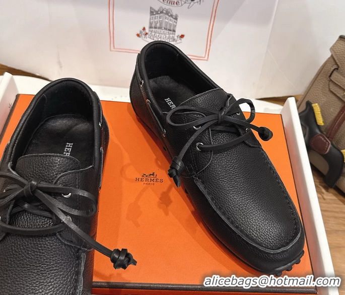 Fashion Hermes Member Loafers Black Grained Calfskin Leather 6060201