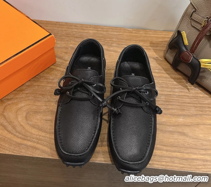 Fashion Hermes Member Loafers Black Grained Calfskin Leather 6060201