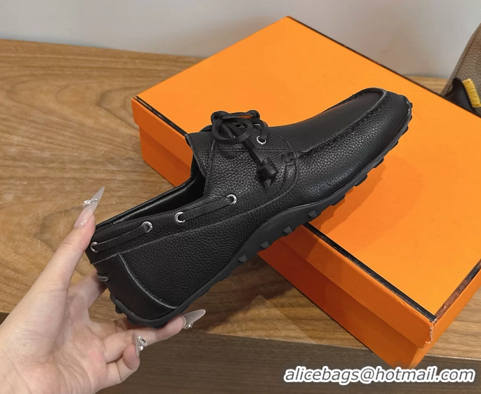 Fashion Hermes Member Loafers Black Grained Calfskin Leather 6060201