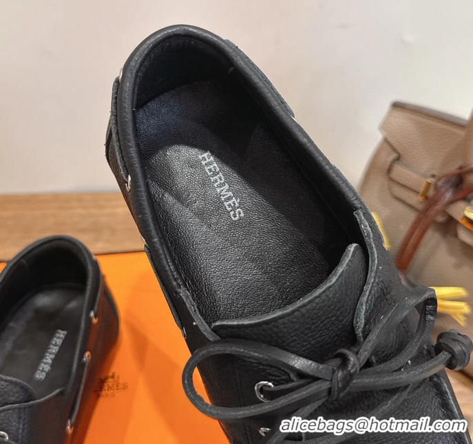 Fashion Hermes Member Loafers Black Grained Calfskin Leather 6060201