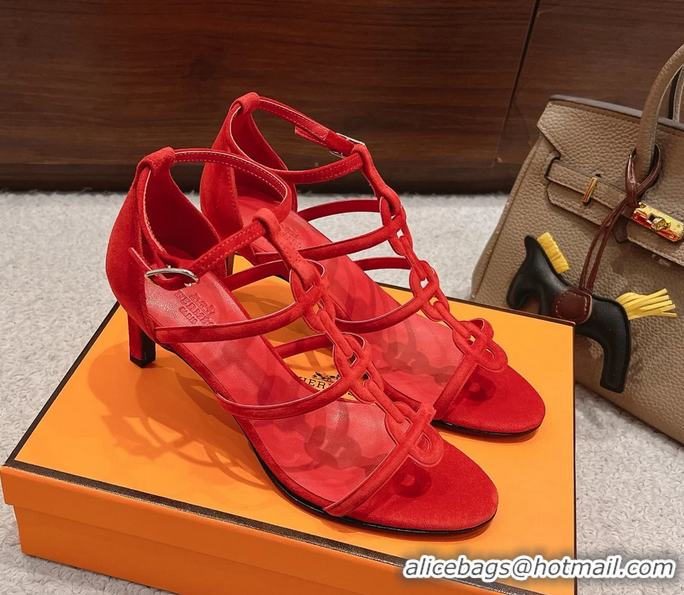 Low Price Hermes Magic High Heeled Sandals Red Suede Leather 70MM 6060202
