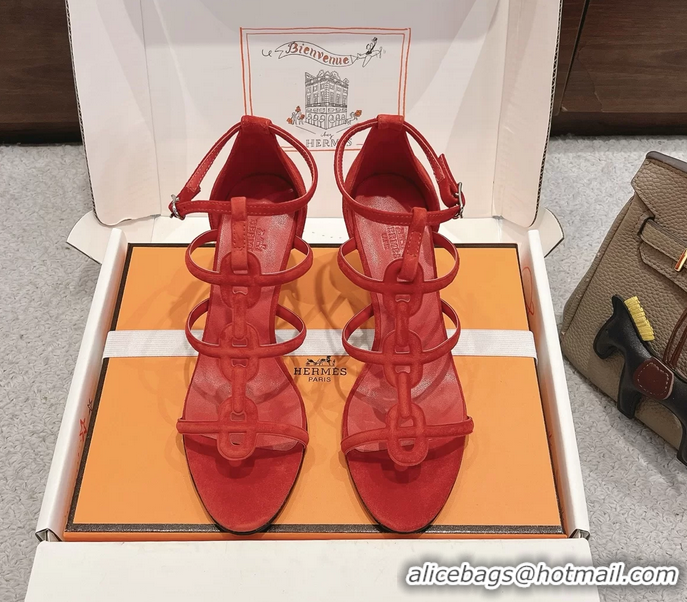Low Price Hermes Magic High Heeled Sandals Red Suede Leather 70MM 6060202