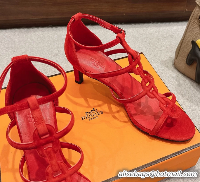 Low Price Hermes Magic High Heeled Sandals Red Suede Leather 70MM 6060202