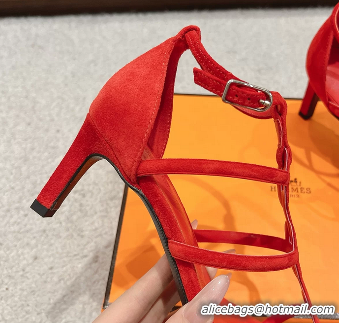 Low Price Hermes Magic High Heeled Sandals Red Suede Leather 70MM 6060202