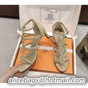 Comfortable Hermes Magic High Heeled Sandals Light Gray Suede Leather 70MM 6060202