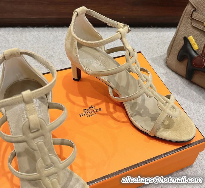Comfortable Hermes Magic High Heeled Sandals Light Gray Suede Leather 70MM 6060202