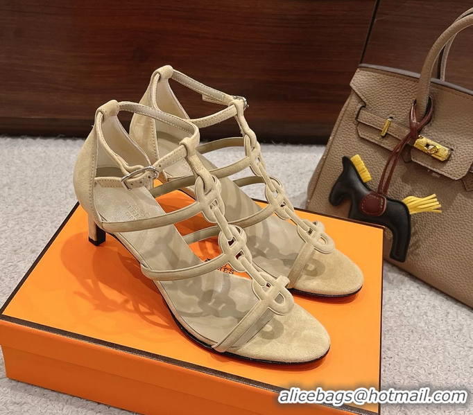 Comfortable Hermes Magic High Heeled Sandals Light Gray Suede Leather 70MM 6060202