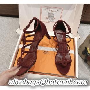 Feminine Hermes Magic High Heeled Sandals Burgundy Suede Leather 70MM 6060301