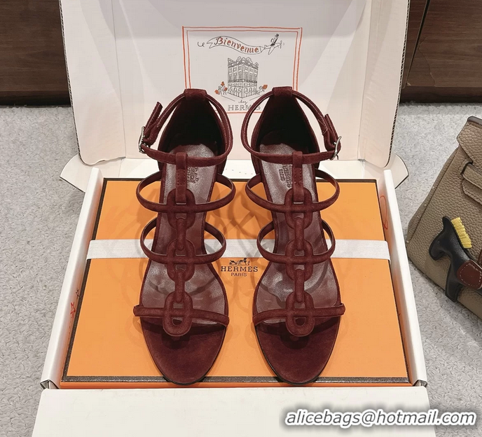 Feminine Hermes Magic High Heeled Sandals Burgundy Suede Leather 70MM 6060301