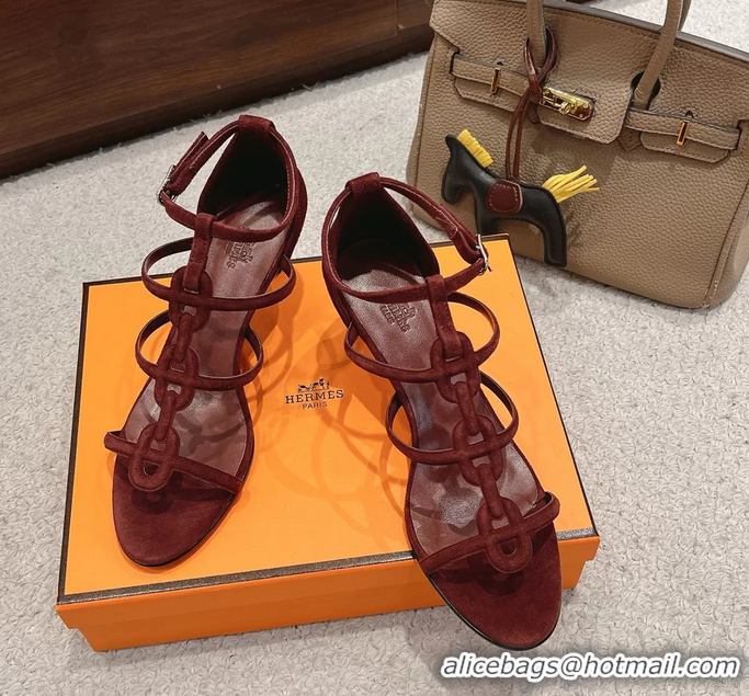 Feminine Hermes Magic High Heeled Sandals Burgundy Suede Leather 70MM 6060301