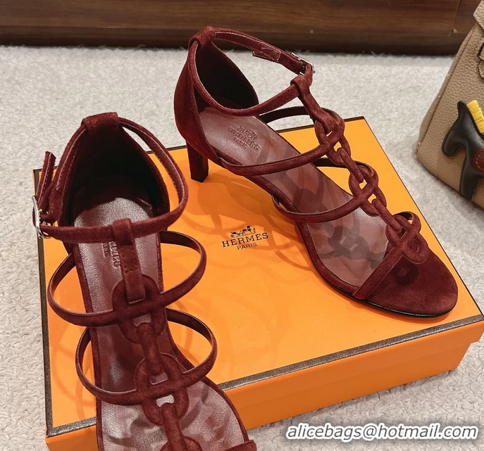 Feminine Hermes Magic High Heeled Sandals Burgundy Suede Leather 70MM 6060301