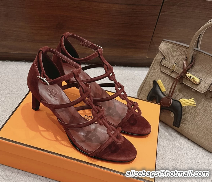 Feminine Hermes Magic High Heeled Sandals Burgundy Suede Leather 70MM 6060301