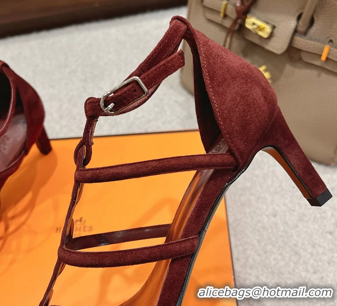 Feminine Hermes Magic High Heeled Sandals Burgundy Suede Leather 70MM 6060301