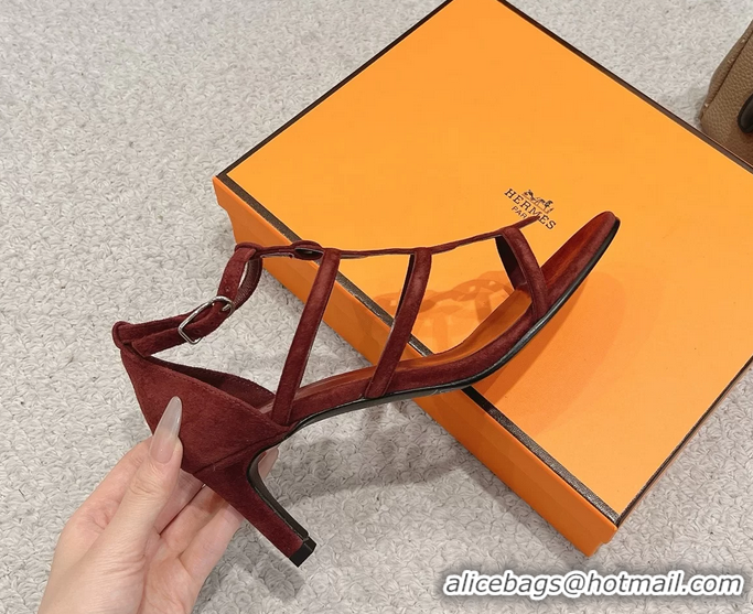 Feminine Hermes Magic High Heeled Sandals Burgundy Suede Leather 70MM 6060301