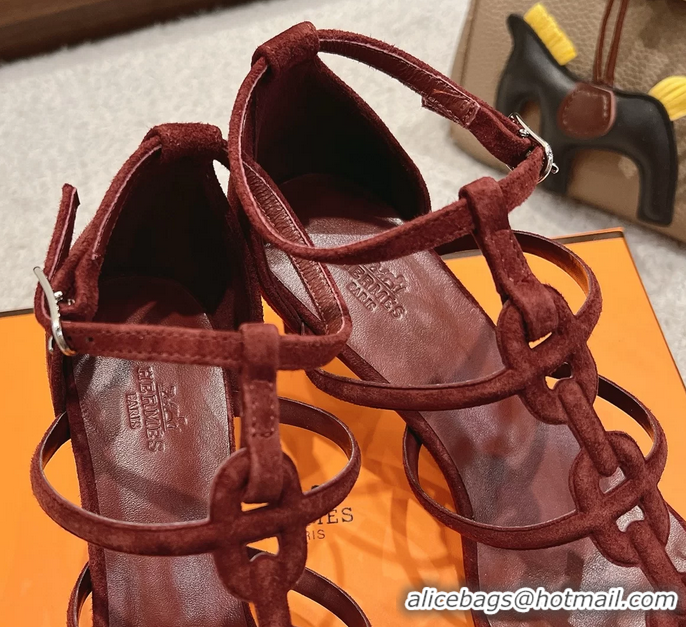Feminine Hermes Magic High Heeled Sandals Burgundy Suede Leather 70MM 6060301