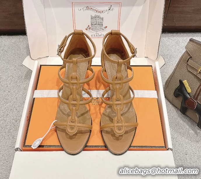 Discount Hermes Magic High Heeled Sandals Tan Calfskin Leather 70MM 6060301