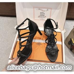 Fashion Hermes Magic High Heeled Sandals Black Calfskin Leather 70MM 6060301