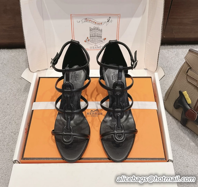 Fashion Hermes Magic High Heeled Sandals Black Calfskin Leather 70MM 6060301