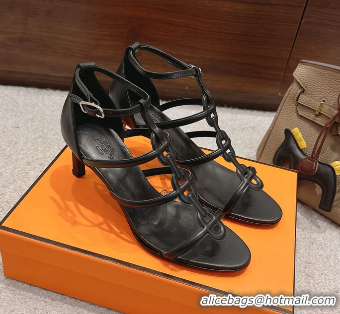 Fashion Hermes Magic High Heeled Sandals Black Calfskin Leather 70MM 6060301
