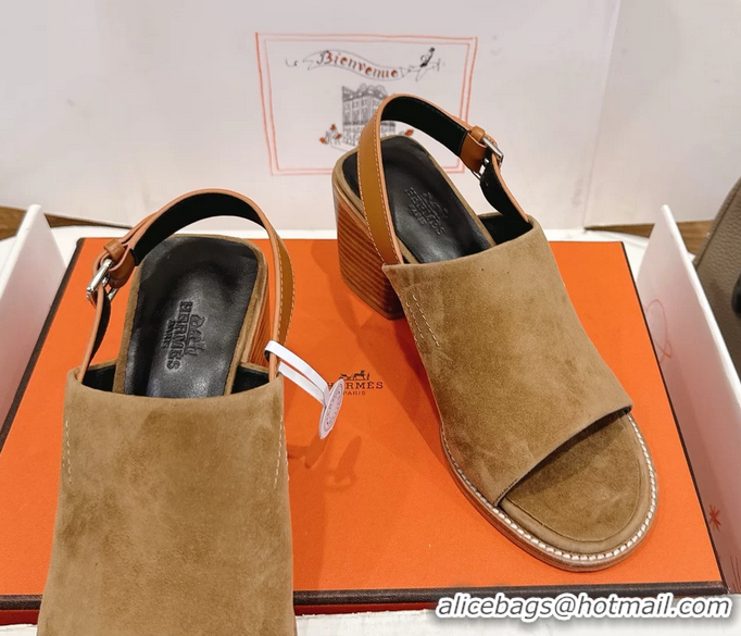 Buy Cheapest Hermes Mailys High Heeled Slingback Mule Sandals Brown Suede Leather 6060302