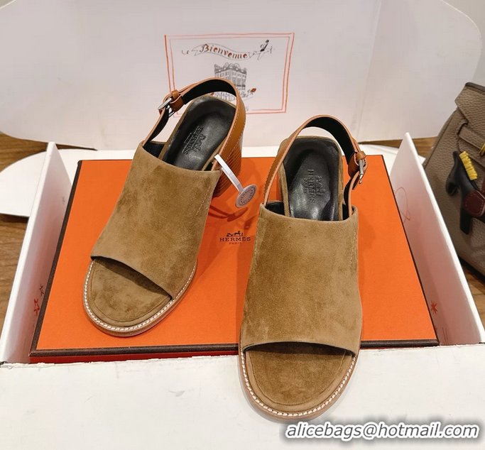 Buy Cheapest Hermes Mailys High Heeled Slingback Mule Sandals Brown Suede Leather 6060302