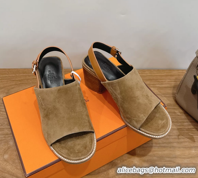 Buy Cheapest Hermes Mailys High Heeled Slingback Mule Sandals Brown Suede Leather 6060302